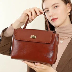 2026 Vintage Square Genuine Leather Women's Waterproof Durable Portable Button Closure Underarm Shoulder Bag Luxury Handbag