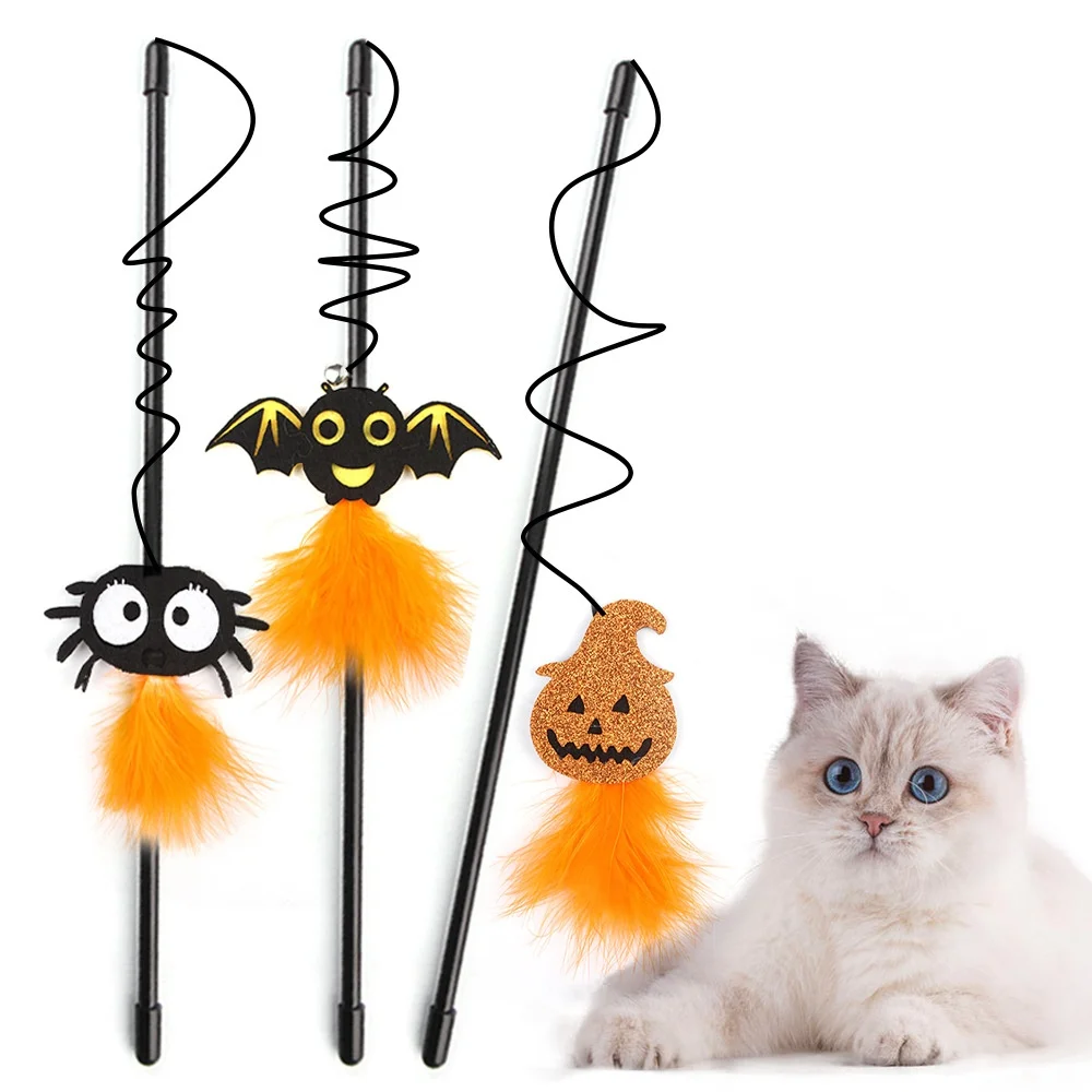 Onteractive Halloween Bat Design Cat Teaser Toy Rod Spider and Pumpkin Lantern Cat Wayer Toy With Elastic Rope
