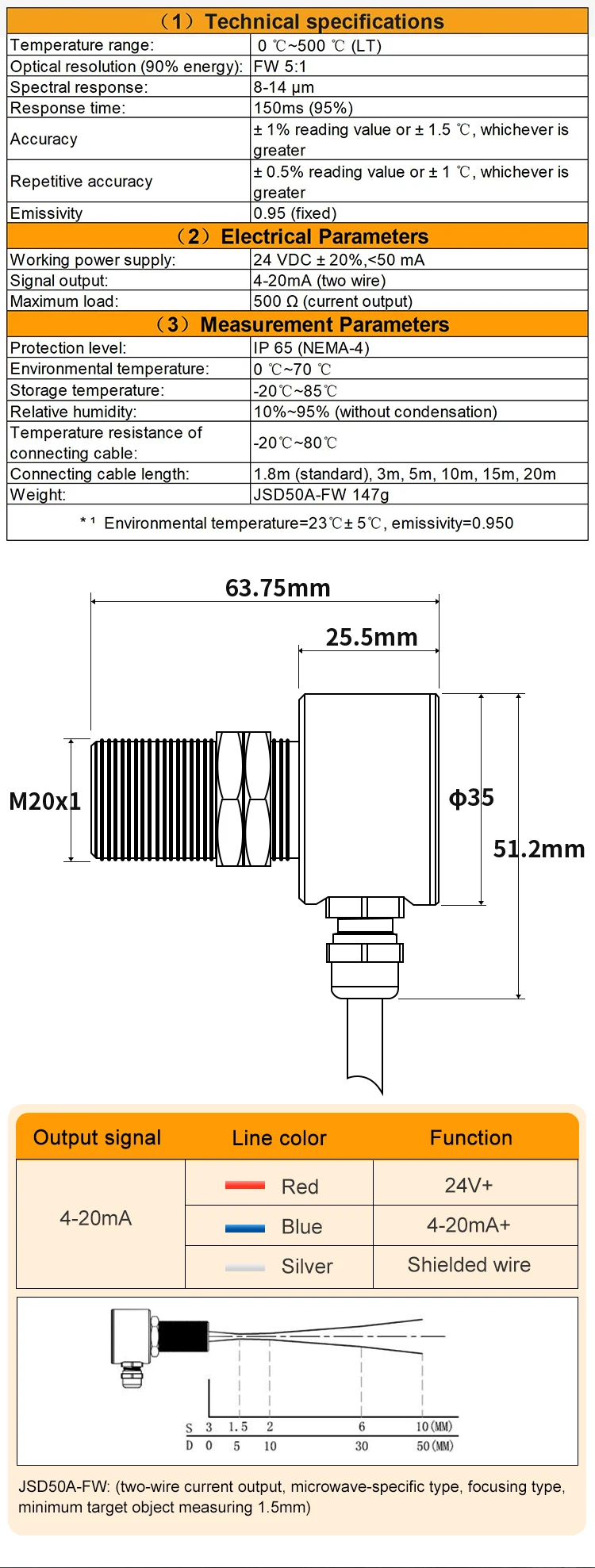 KASINTON JSD50A-FW 0~500℃ 4-20mA IP65 Non Contact Infrared Temperature Sensor details