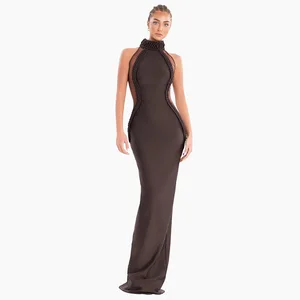 New High-quality Dress Women's Fashion Halter Neck Coffee Braided Rope Temperament Sleeveless Slit Ladies Dresses