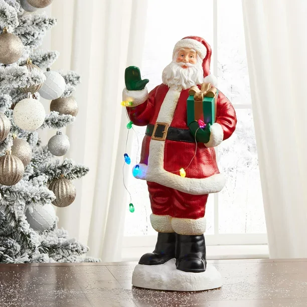 Statua Di Babbo Natale In Resina Stilè – Decorazione Natalizia Grande H.37 Cm, Mantello Rosso E Bastone Oro