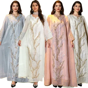 AB295 Latest Abaya Designs Dubai Islamic Modest Muslim Women Shinny  Abaya With Inner Slip Dress Set
