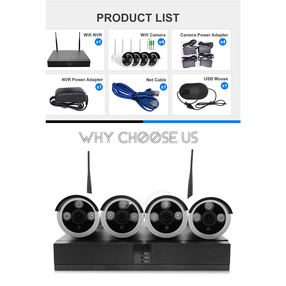 
Система наружного видеонаблюдения FULL HD, 4 канала, 2 МП, 1080P, Wi-Fi, сетевой видеорегистратор, беспроводная система с 2-сторонним аудио 