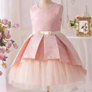 New Fashion Jacquard Turkish Kids Dress Princess Tulle Layered Dress for Western Weddings and Parties Satin Fabric ODM Supply