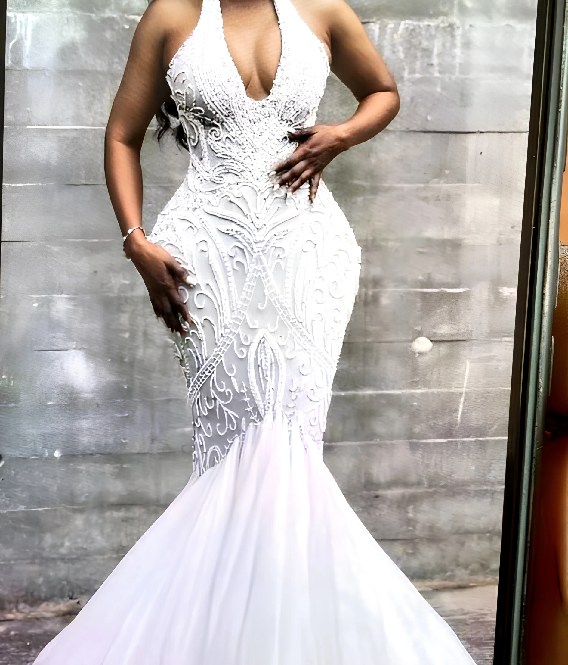 S1112Y 2026 New African Around the Neck V-neck Sexy Backless Mermaid  Plus-size Slim-fit Embroidered Lace Train Wedding Dress