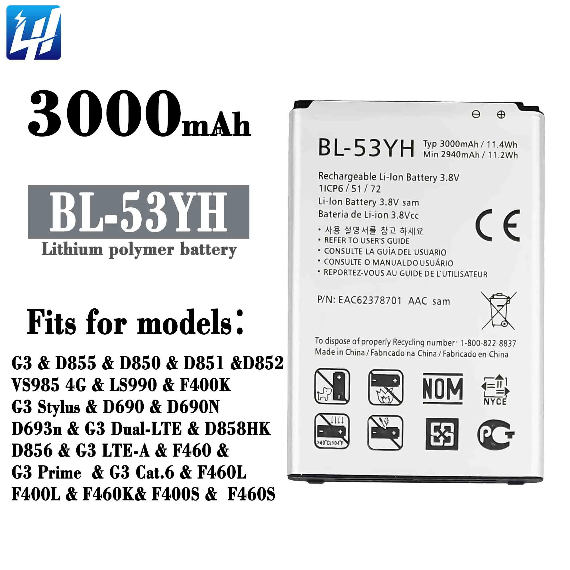 BL-53YH Battery for LG G3 3000mah Rechargeable Power