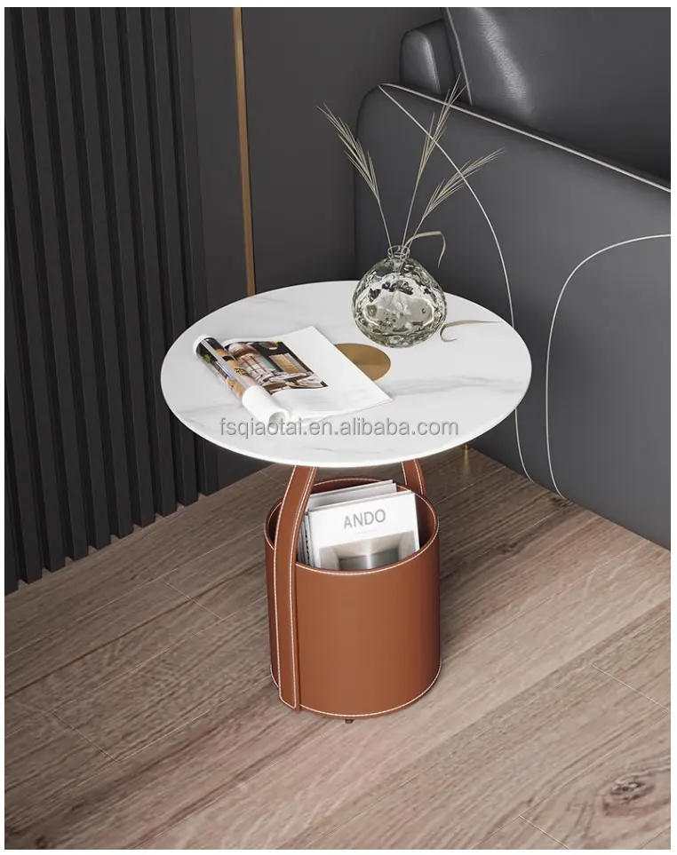 Italian Style Round Bucket Marble Top Small Saddle Leather Cover Side