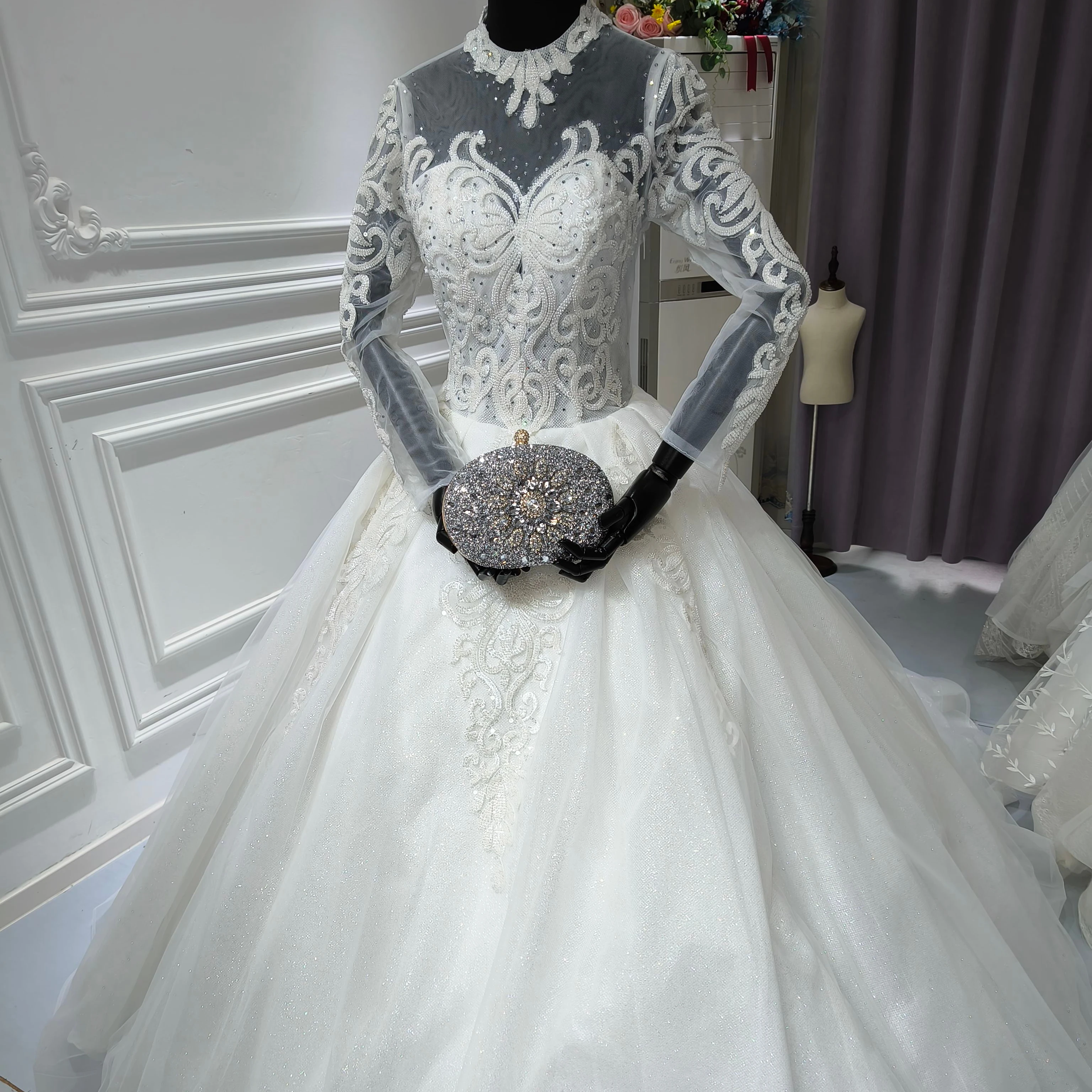 knee length dresses for ladies Luxury Turtle Neck Illusion Lace Mermaid Long Sleeve Bridal Dress with Detachable Skirt 44