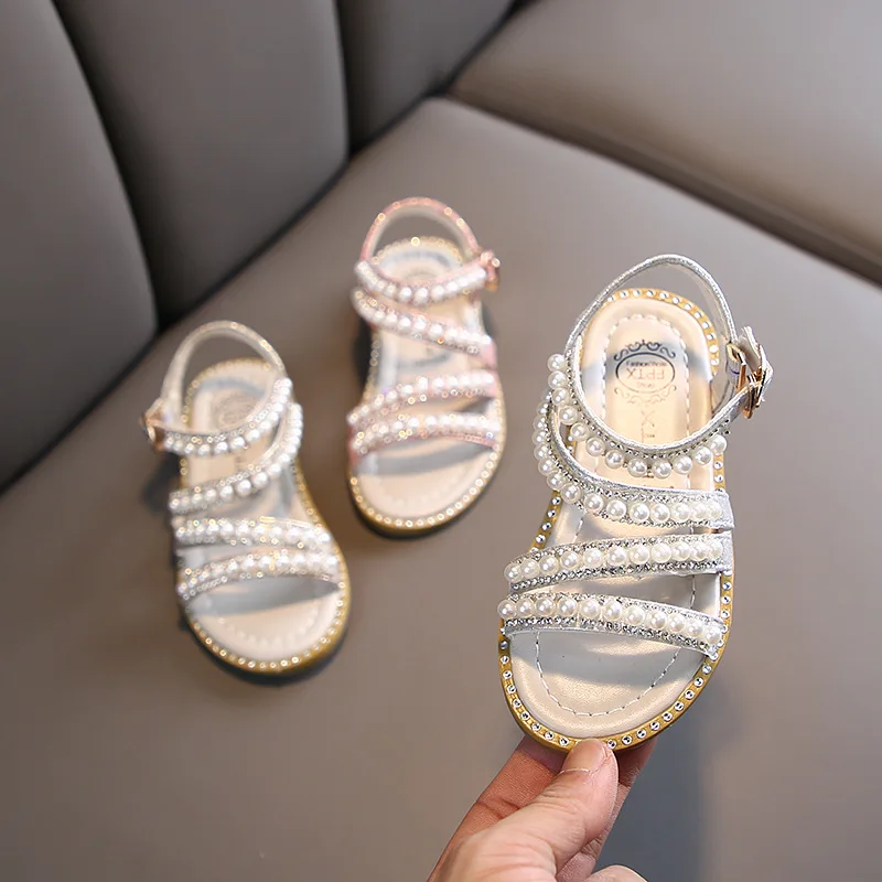 Summer New Fashionable Children's Sandals for Girls Lightweight EVA Insole Anti-Slip Slippery Pearl Open-Toe Princess Shoes