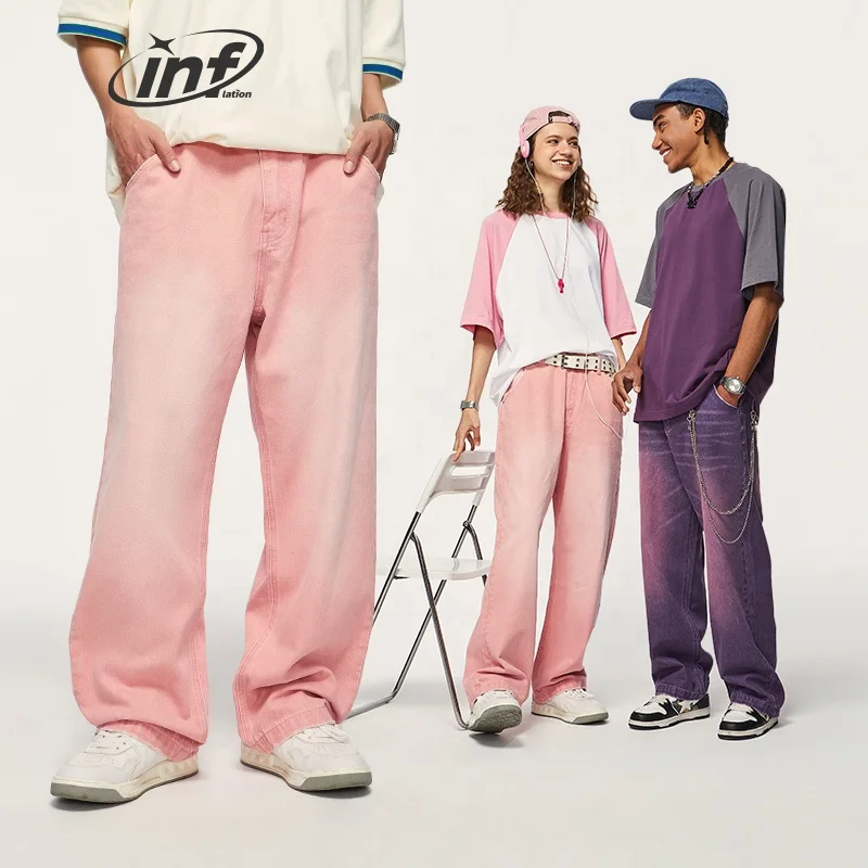 INFLATION Pink Cargo Denim Pants - Unisex Wide Leg Style