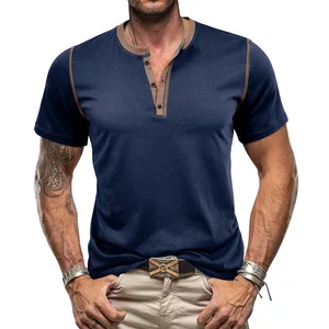 2026 Summer Henry T-Shirt for Men European American Style Short Sleeve Jersey Solid Color Print Casual Amazon Foreign Trade