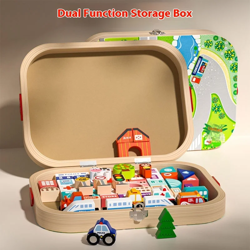 木製携帯用卓上鉄道 57ピース 木製シティ建設 スタッキングブロックおもちゃ 建築ブロックセット 男の子と女の子へのギフト