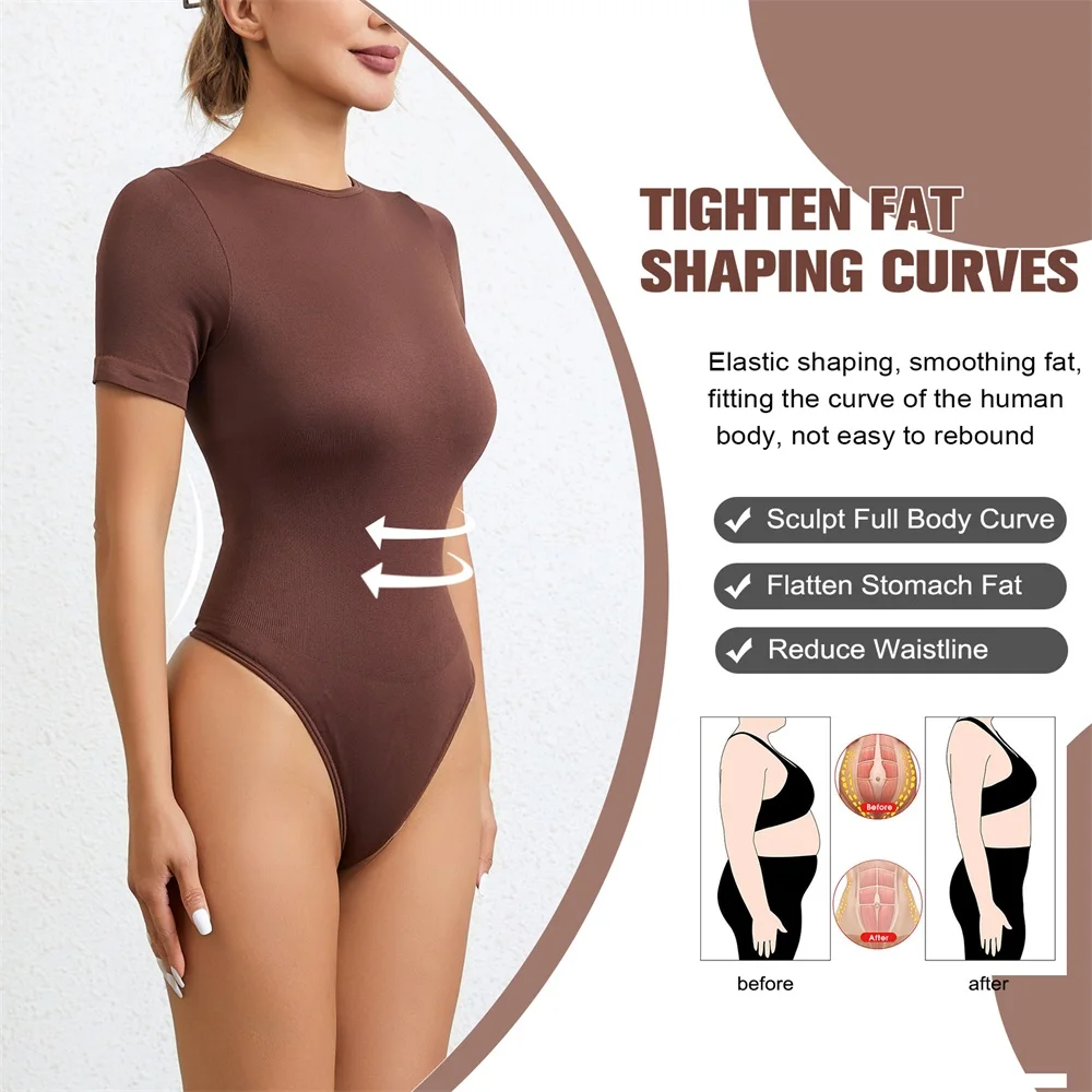 Custom Gym Women Round Neck Seamless Sleeved Thong Panties Tummy Control Shapewear Bodysuit Underwear Waist Trainer Shaper
