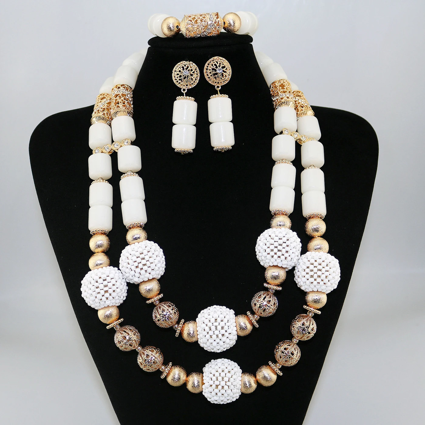 Nigerian Wedding African Beads Jewelry Set - Simulated Pearl Necklace & Earrings For Women (Royal Blue) - View #12