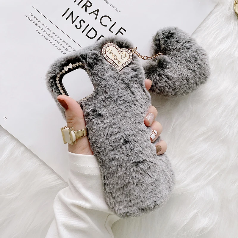 Luxury Women Faux Rabbit Fur Fluffy Plush Phone Case With Love Heart Ball  Pendant for iPhone 11 12 13 Pro Max X XR XS Plus