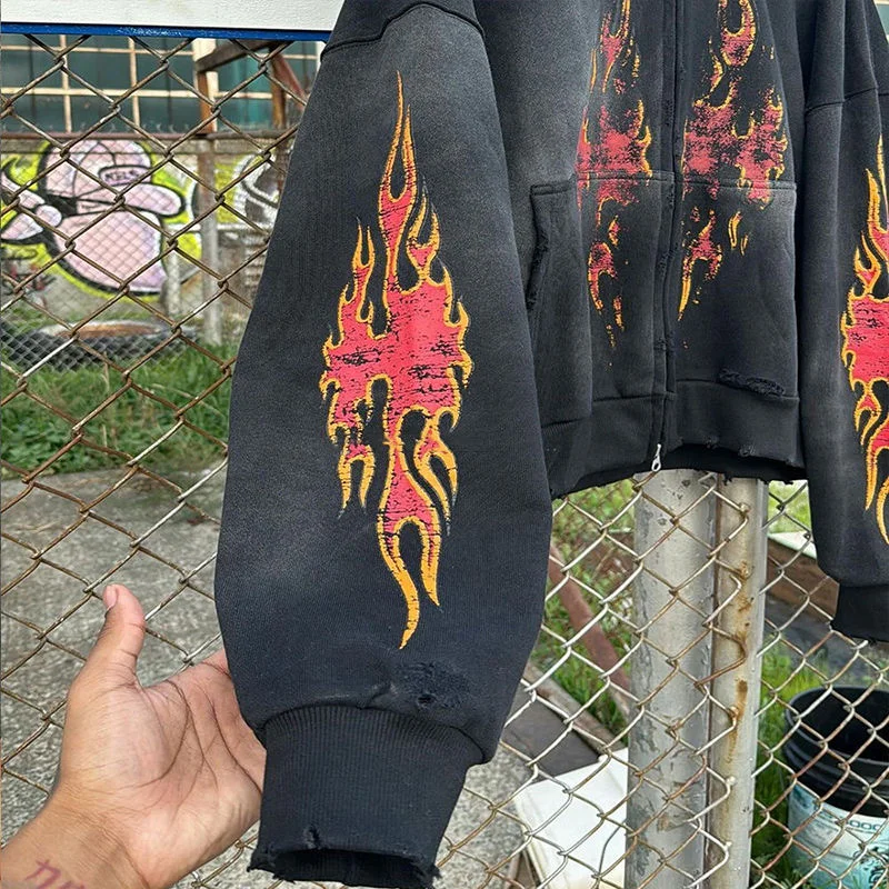 OEM Streetwear Custom Heavyweight Printing Pattern Oversized Sun Faded Cotton Terry Vintage Cropped Acid Wash Zip up Hoodies Men gallery 3
