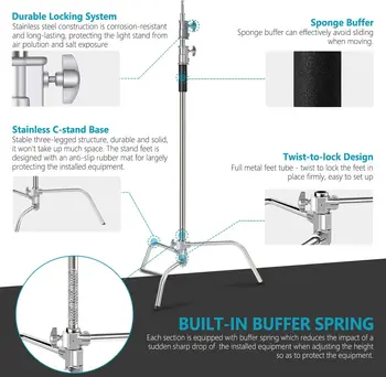 Neewer 3 Meters Adjustable C-Stand Light Stand with 1.2 Meters Extension Boom Arm and Carry Bag for Photography Studio Video detail image