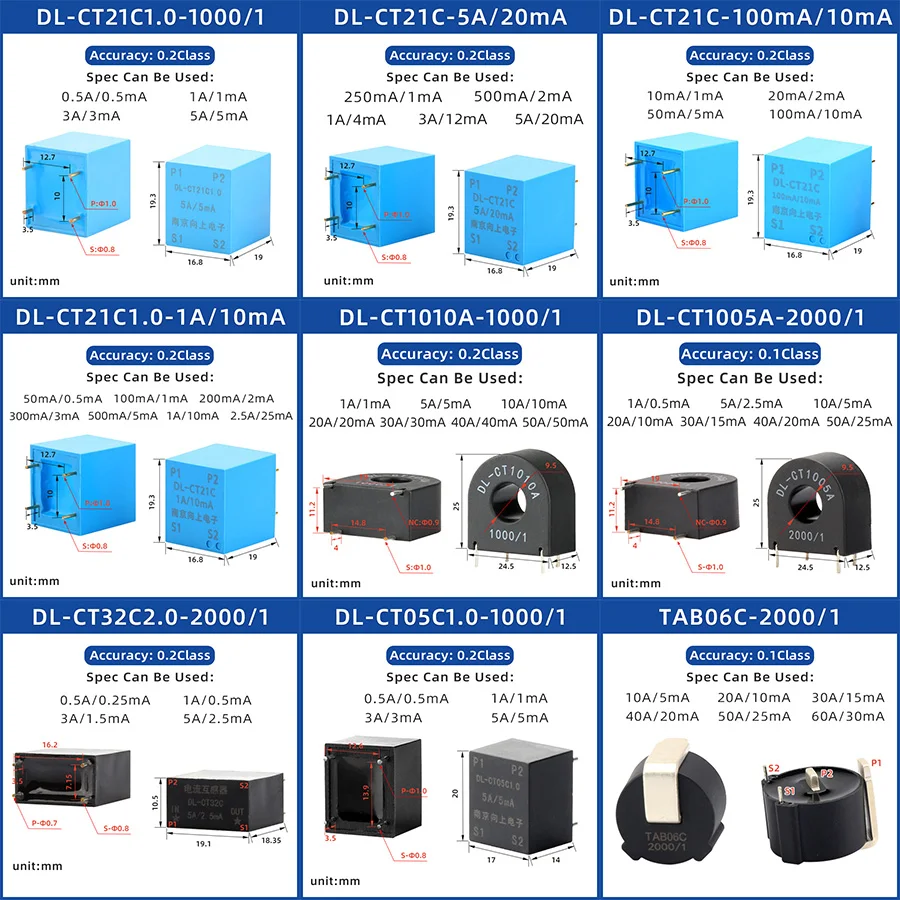 NJXS Micro Current Transformer Lead Wire 5A 10A 20A 30A 50A 100A 150 200A 250A CT PCB Mount Pin 2mA2mA Mini Voltage Transformer