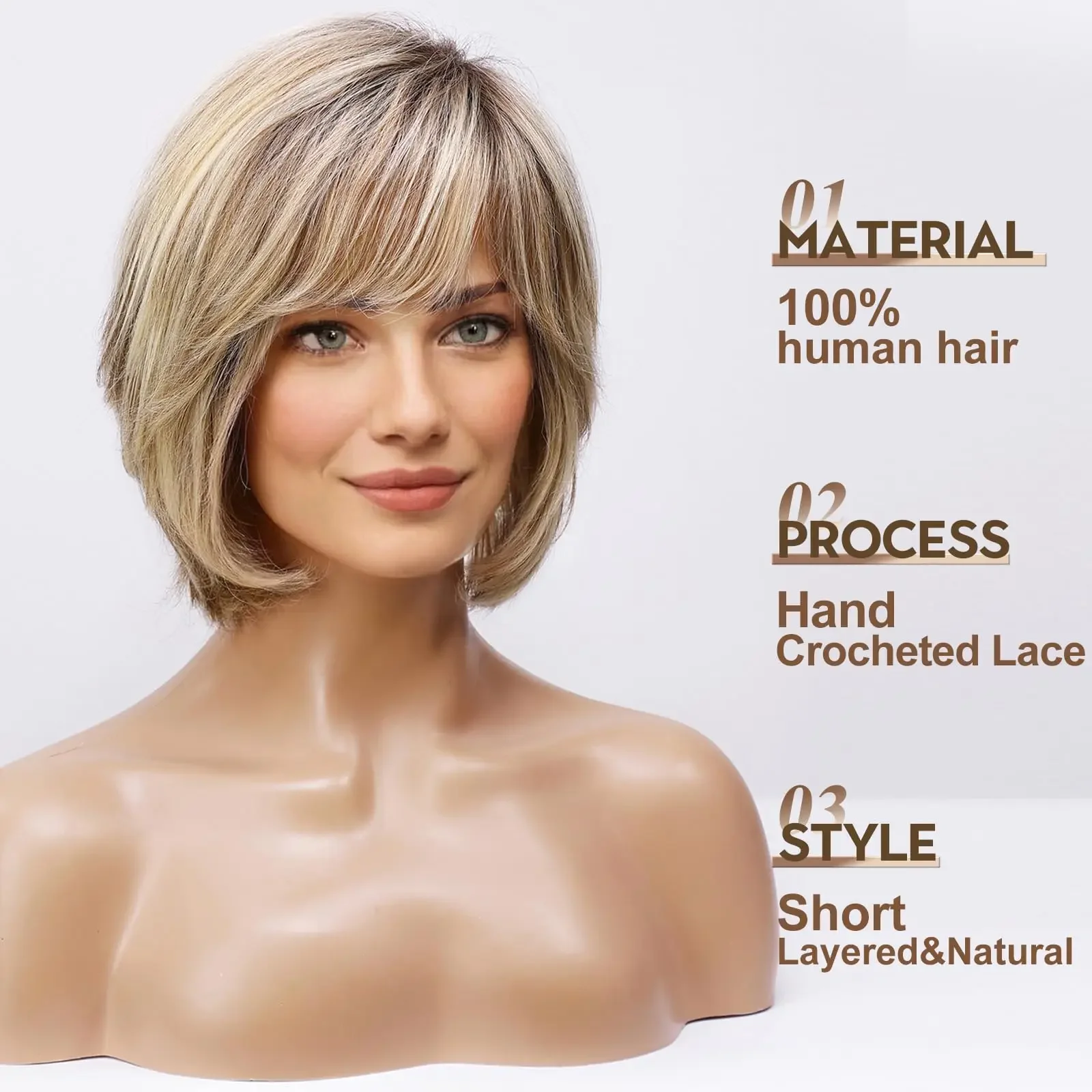 Parrucche frontali in pizzo con capelli umani biondi e castani ombré, corte, naturali e ondulate, Remy, per donne bianche_voghion.com