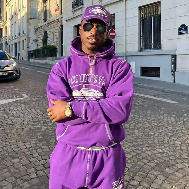 Custom Contrast Stitch Hoodie and Sweatpants 2pc Print Pullover Tech Fleece 100% Cotton Oversized Streetwear Sport Tracksuit Set gallery 5