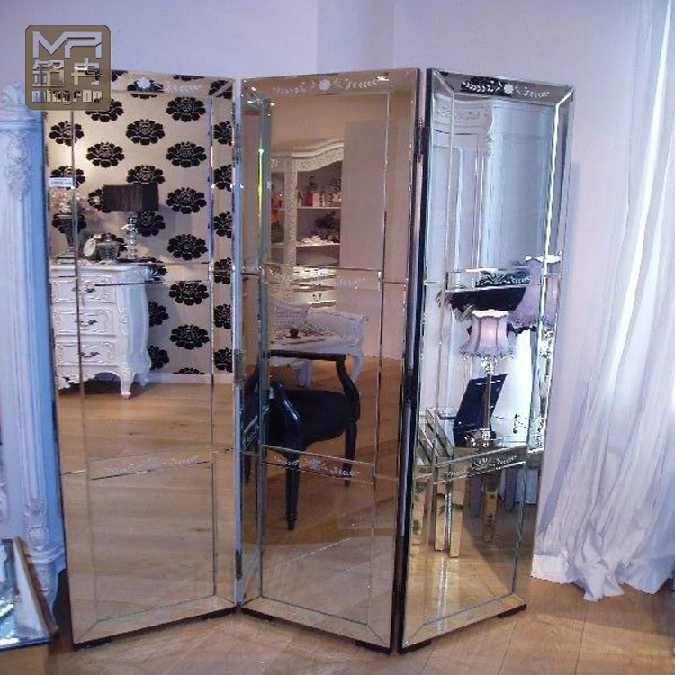 Mirrored 3 Folding Screen Divider Mirrored Decorative Stand Panel