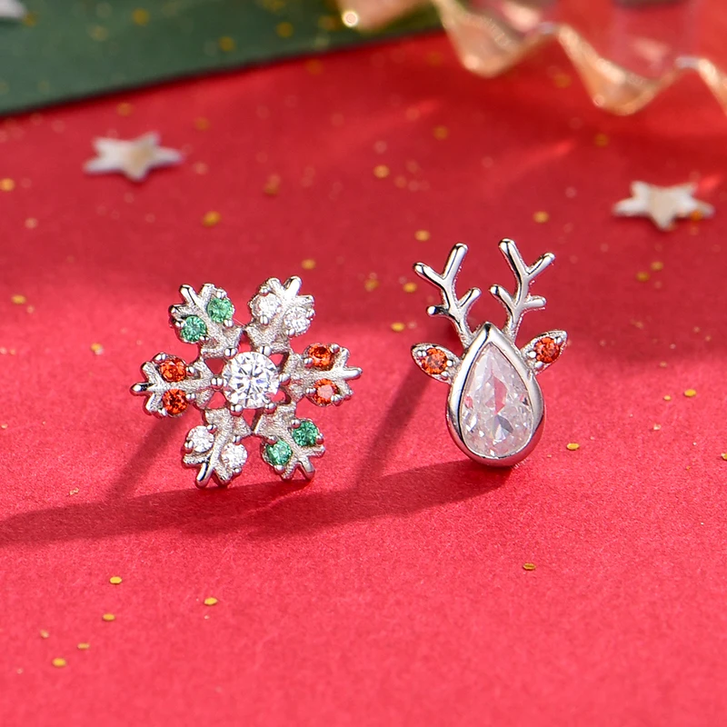 RINNTIN HOE06 Silver Luxury Santa Christmas Hat Reindeer Antlers Xmas  Earring Stud Jewelry Gift Women's Christmas Earrings Girls