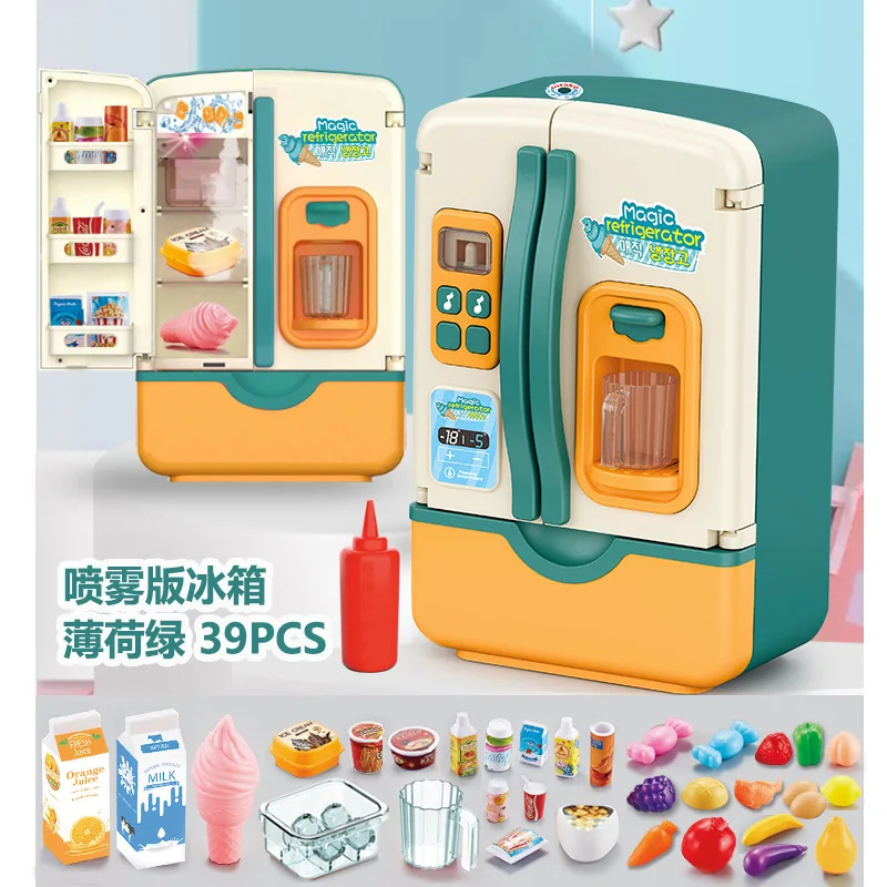 Brinquedo infantil, geladeira, acessórios com dispensador de gelo