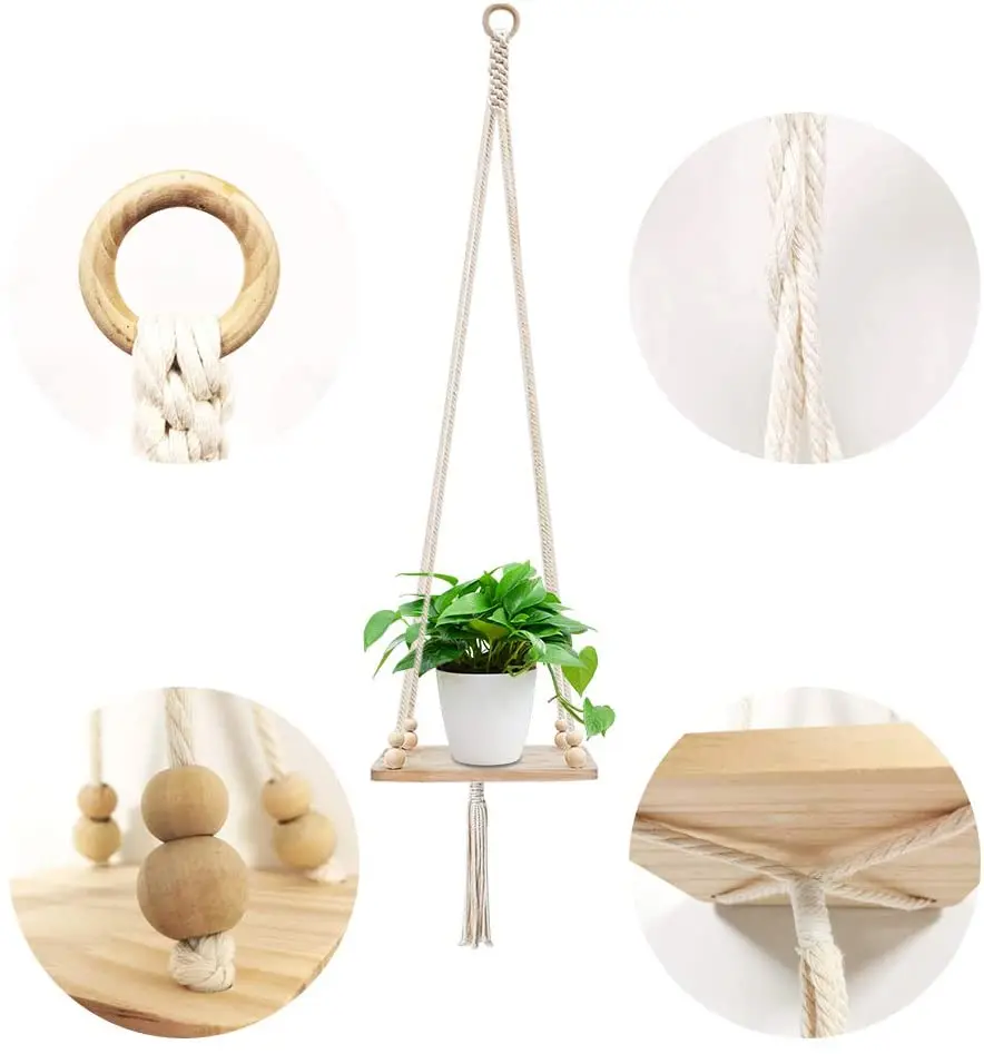 マクラメプラントハンガー シェルフ マクラメプラントハンガーウッドボード付きマクラメシェルフハンギング