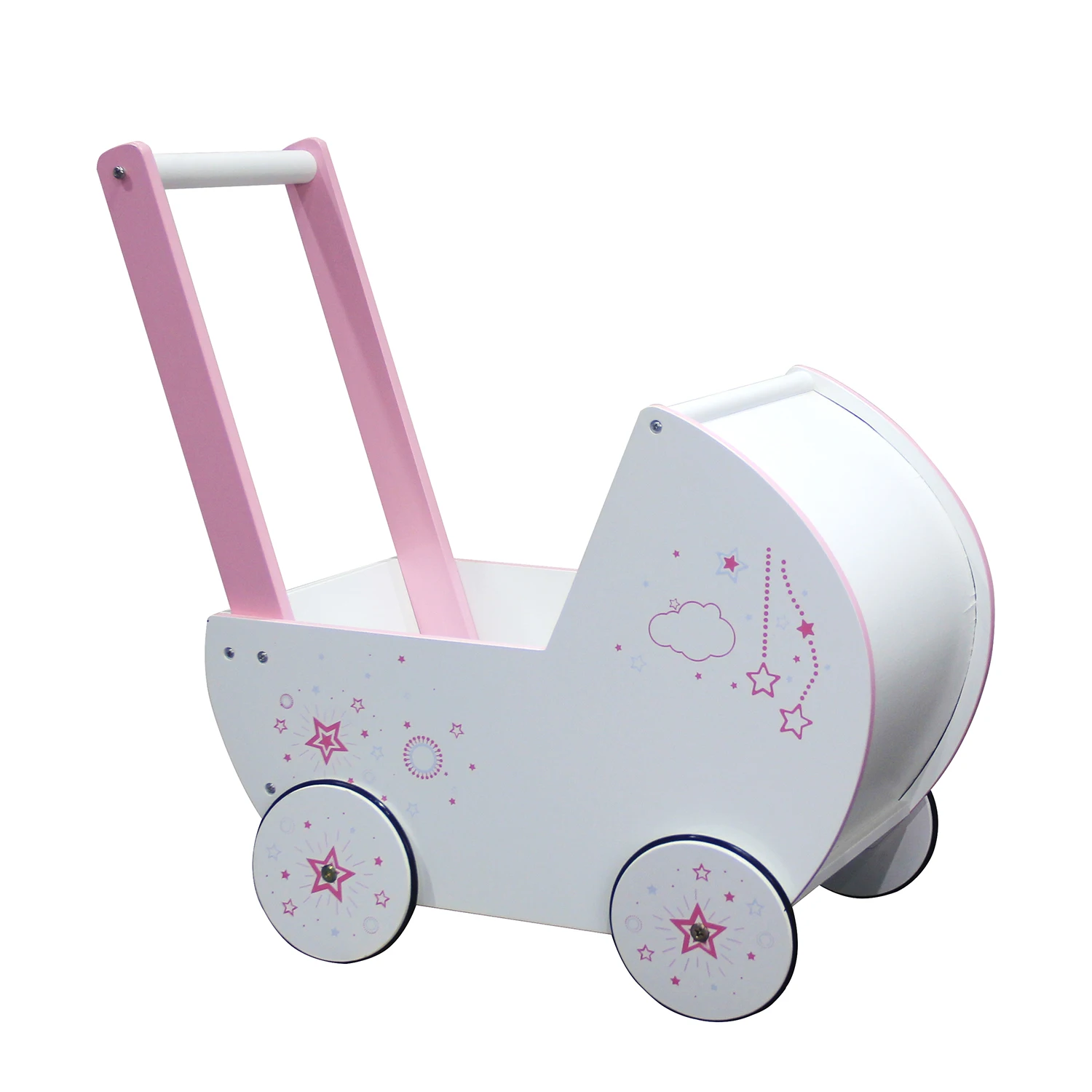 Wholesale New Style Trolley Wheel Storage Box Baby Toddler Cute White Wooden Doll Toy Baby Doll Stroller Toy for Children