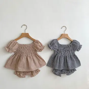 Kids Toddlers Plaid Cotton Smocked Top Shorts Set 2023 Fashion Summer Baby Girl Clothes Set Design Bubble Sleeve Princess Dress