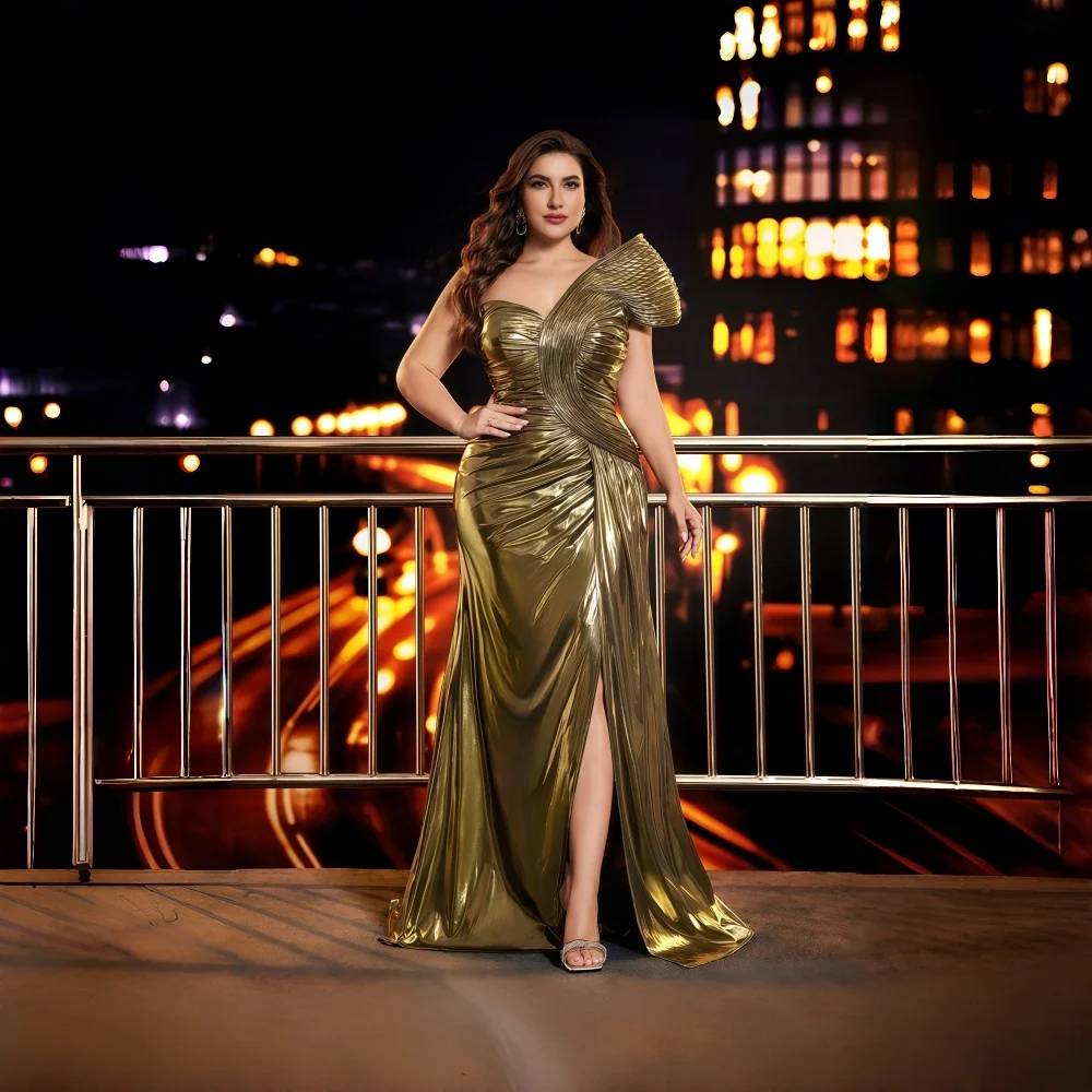 Luxury Gold Satin Empire Waist A-Line Maternity Lace Maxi Evening Dress for Ladies Elegant Pleated Direct From Manufacturers
