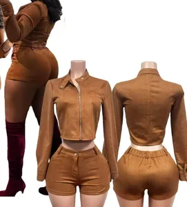 Vivilook Z1202ST16 New Casual Women's Matching Hottie 2 Piece Set Long Sleeved Zipper Crop Top Jacket Shorts Plus Size Set