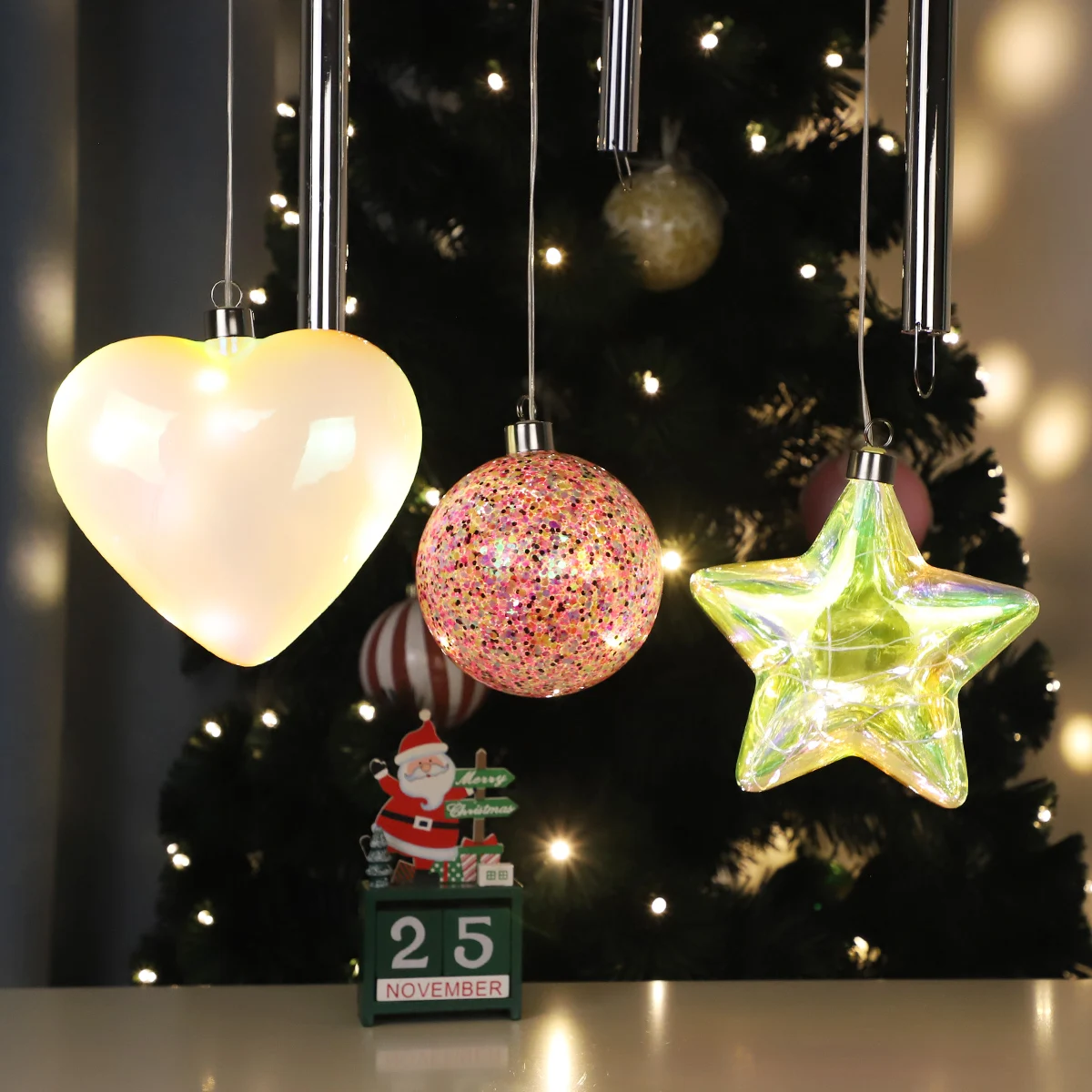 Heart-Shaped Christmas Tree Glitter Decoration Home Outdoor Garden Hanging Glass Crafts Cordate Warm White Light Decoration