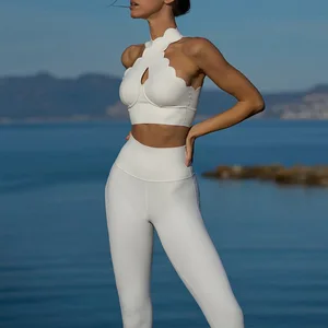 Custom Lace High Waist Leggings Cross Pleated Sports Bra Fashion Workout Gym Yoga Fitness Sets