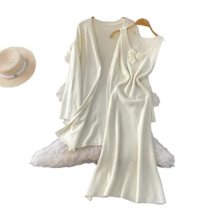 Customize Women's Woven O-Neck Cardigan & Digital Printed Floral Floral Print Midi Dress Two-Piece Suit Set Office Chic Spring