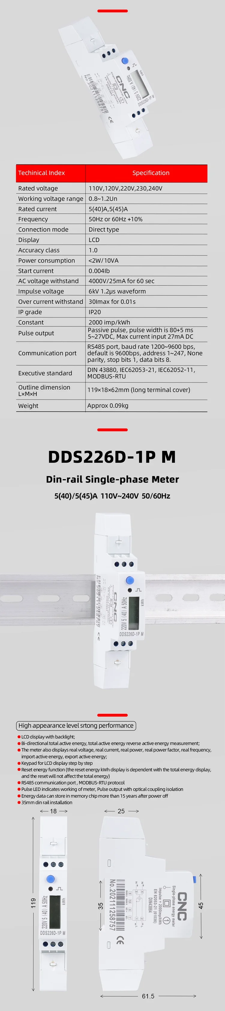 Din Rail Mini Single Phase RS485 Modbus Energy Meter
