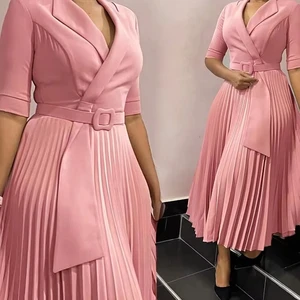 D3291 Latest Design Office Lady Dresses Women Casual Elegant Suit Collar Half Sleeve Pleated African Career Dresses for Women