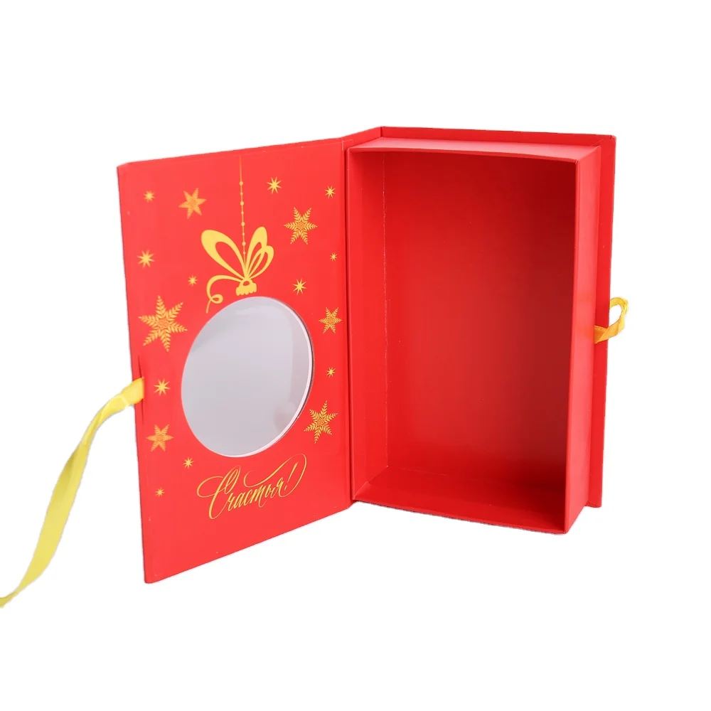product custom book shaped gift box with pvc window factory rigid paper packaging for christmas uv coating hot stamping sponge liner-5