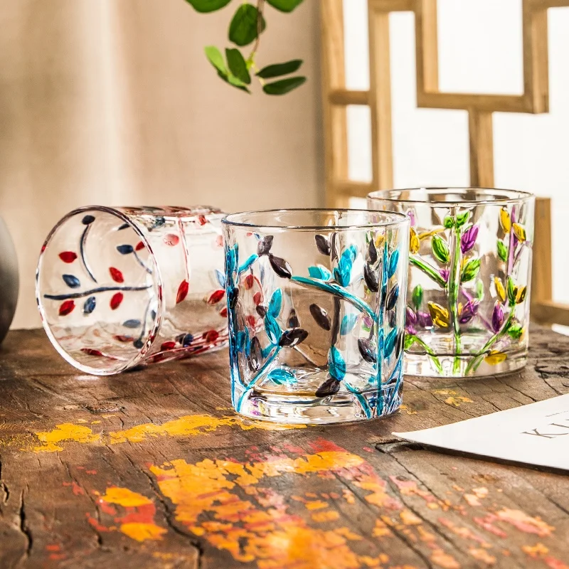 Creative Hand Painted Colorful Leaf Twig Embossed Mouth Blown Classic Highball Glasses Tall Beverage Cups