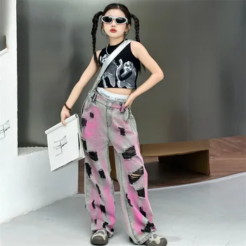 Girls' American ripped jeans 2024 Summer thin new western style fried street pants straight wide leg pants fashionable