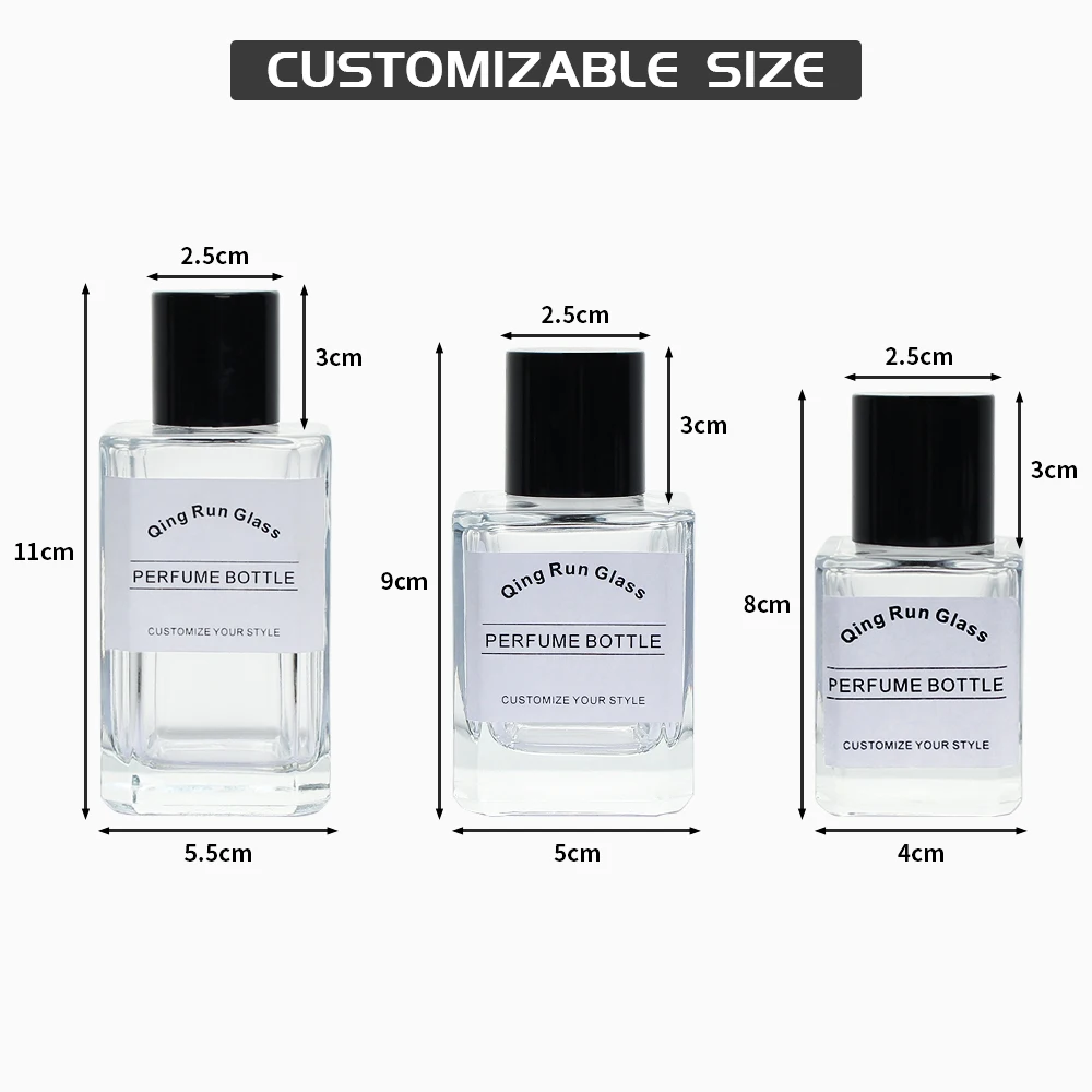 Clear Square Glass Perfume Bottles with Black Cylindrical Caps and Printed Labels