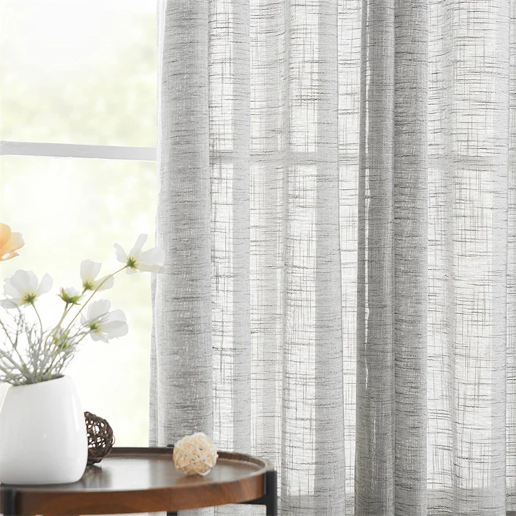 Grey Semi Sheer Curtains Linen Textured Window Panels Light Filtering Rustic Drapes Grommet Top Curtain for Living Room Bedroom