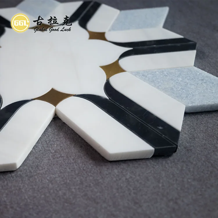 Water Jet Black and White Flower Shaped Marble Mosaic Tile Mix Brass Natural Marble Mosaic for Kitchen Splash Tile details