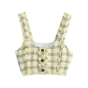 Sexy yellow color plaid print button front sexy tank tops women 2021 new design women tops fashionable casual blouse&tops
