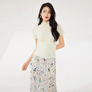 Miyake Women's High Quality Casual Style T-Shirt Pleated Stretch Solid Color Short-Sleeved Breathable Woven Fabric Daily Use