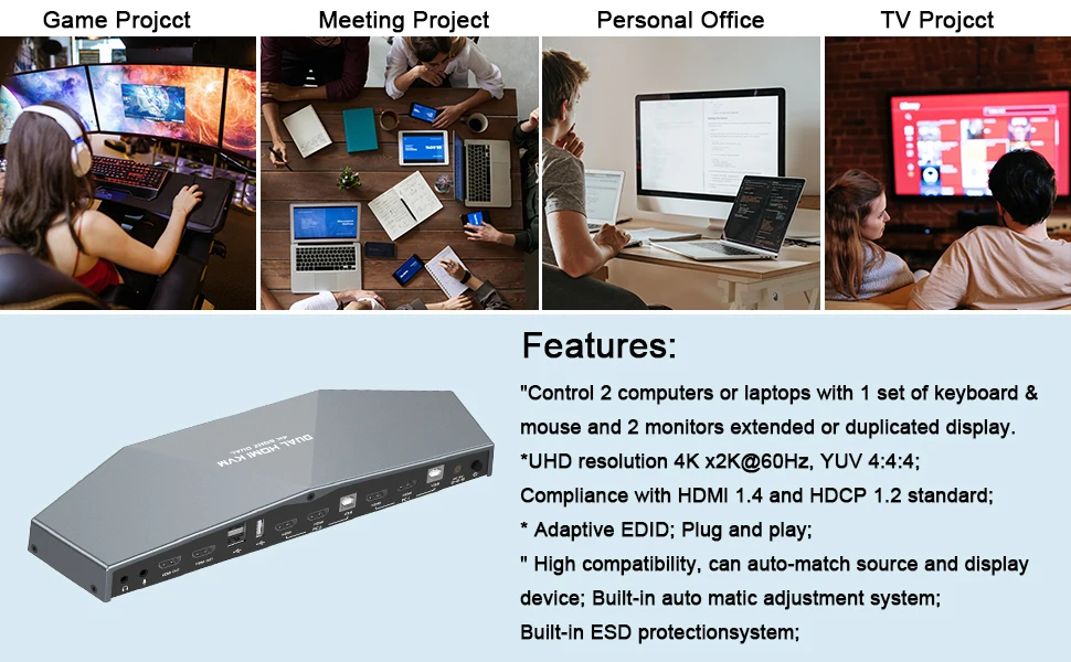 Newest HDTV KVM Switch 4K @60Hz 2 PCs Dual Monitor KVM Switch