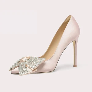 Lily Wei Versatile Occasion Satin Stiletto Heels Rhinestone Bow Pointed Toe Slim Heel Comfortable Durable