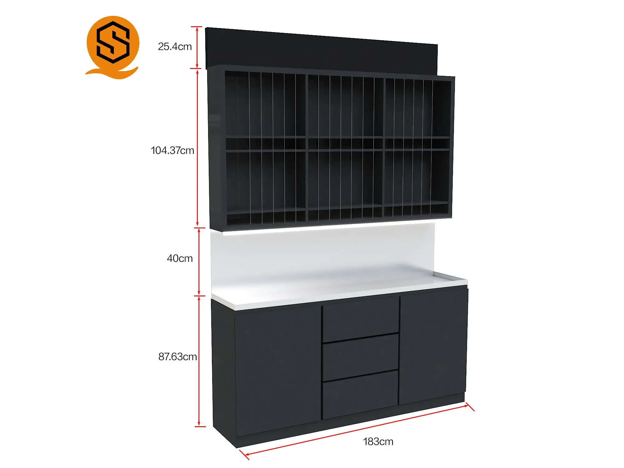 Черный шкафчик под заказ для парикмахерской МДФ шампунь цветная балка