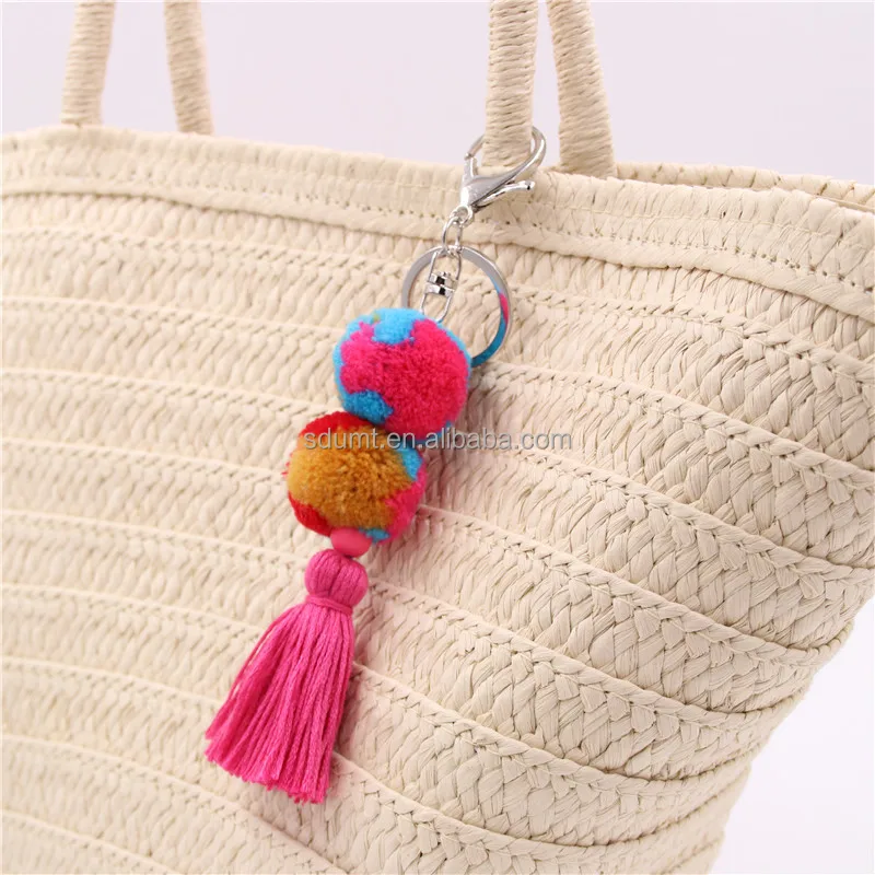 Boho Handmade Colorful Pom Pom Tassel Knotted Keychain Summer Beach Bag ...