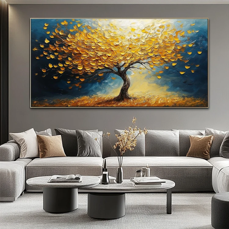 Living Room Handmade Acrylic Contemporary Textured 3D Wall Art Decor Landscape Golden Tree Painting